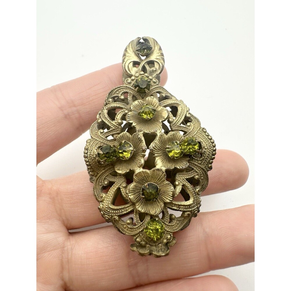 Antique Brass Filigree Rhinestone Vase Shape Pendant Reversible READ